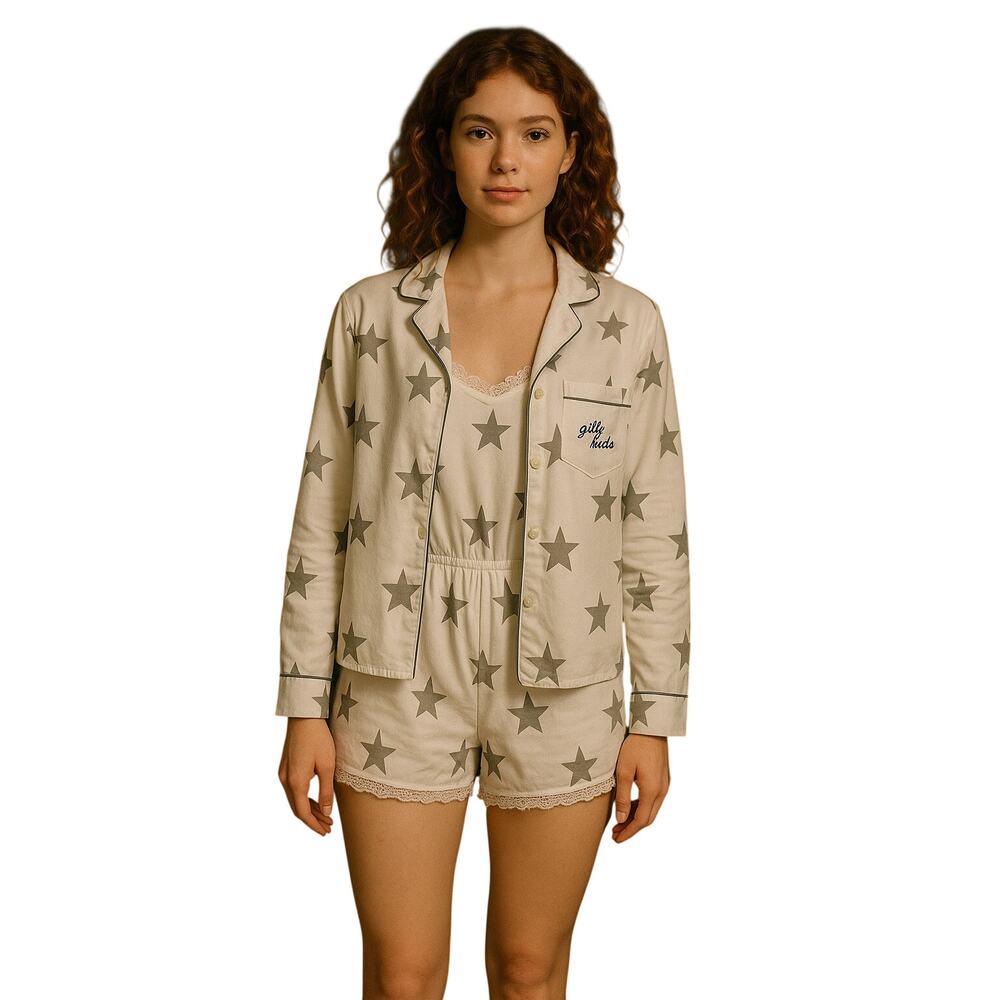 Gilly Hicks by Hollister Star Print Satin Pajama Set XS Top & Lace Romper NWT